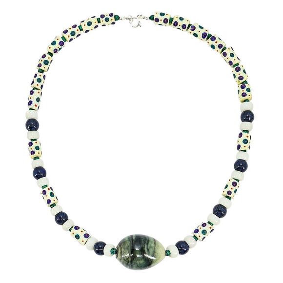 Boho Luxe Bead Necklace Krobo UNDYED Lapis Lazuli Jade Porcelain 21" 925 Clasp - Picture 1 of 8